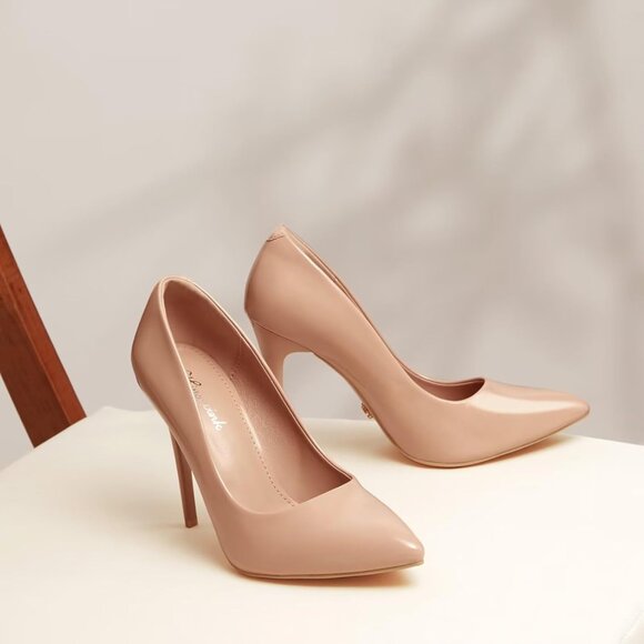 Womens Nude Polyurethane (PU) Pointed Closed Toe Slip On Heels Leather Pumps - Picture 8 of 9